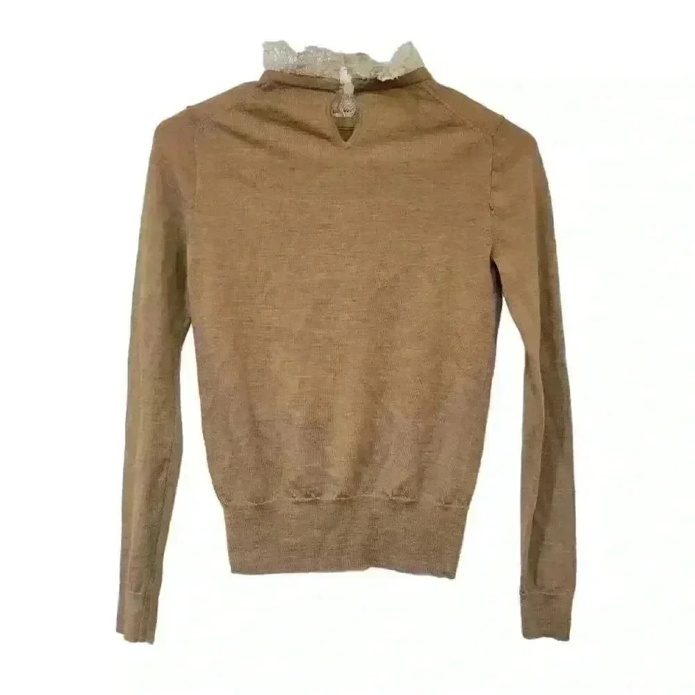J. Crew Women's Heather Tan Merino Wool Lightweight Knit Antique Lace Collar Lon